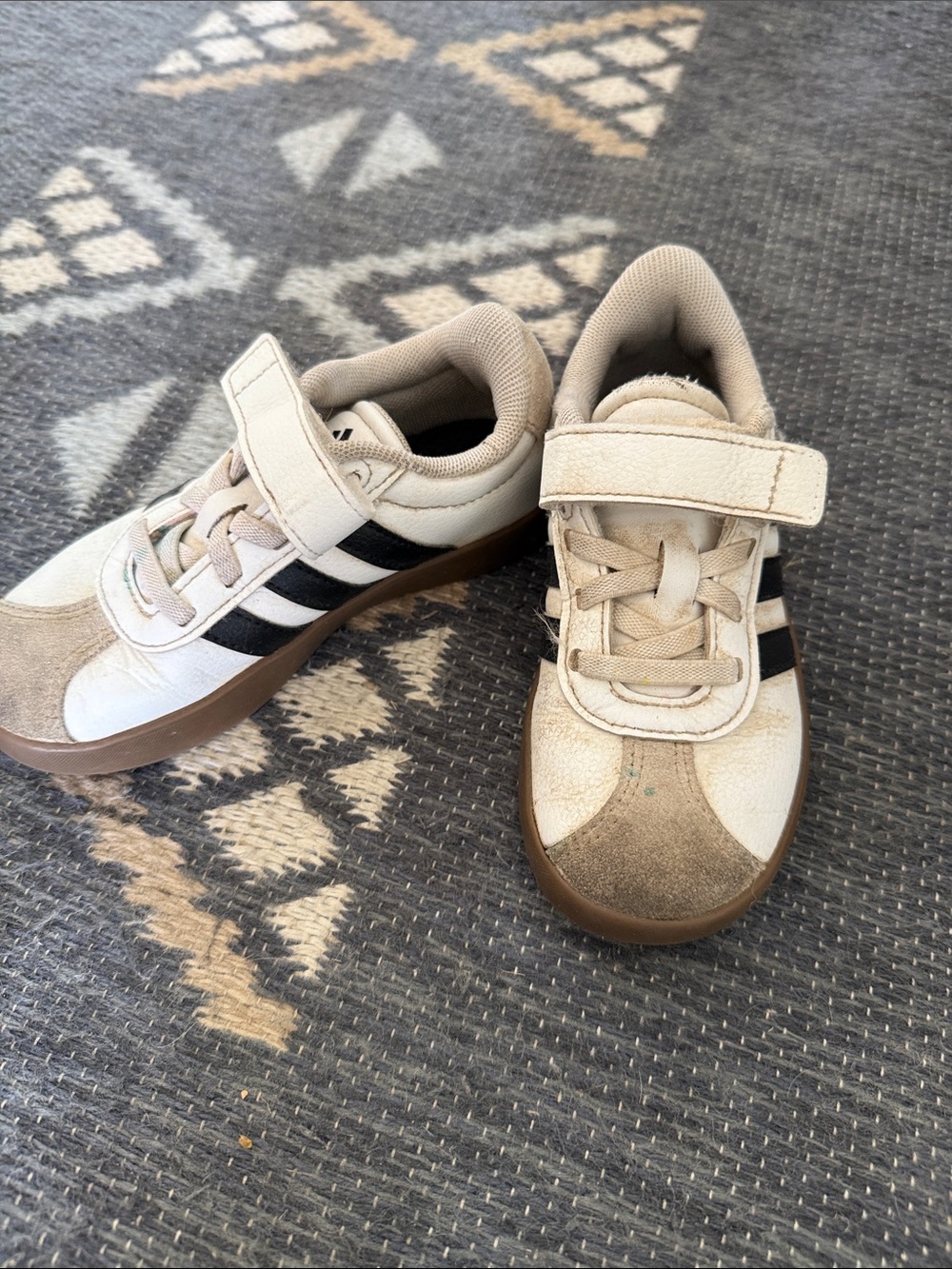 adidas Kids Beige and Black Velcro Sneakers with Brown Sole